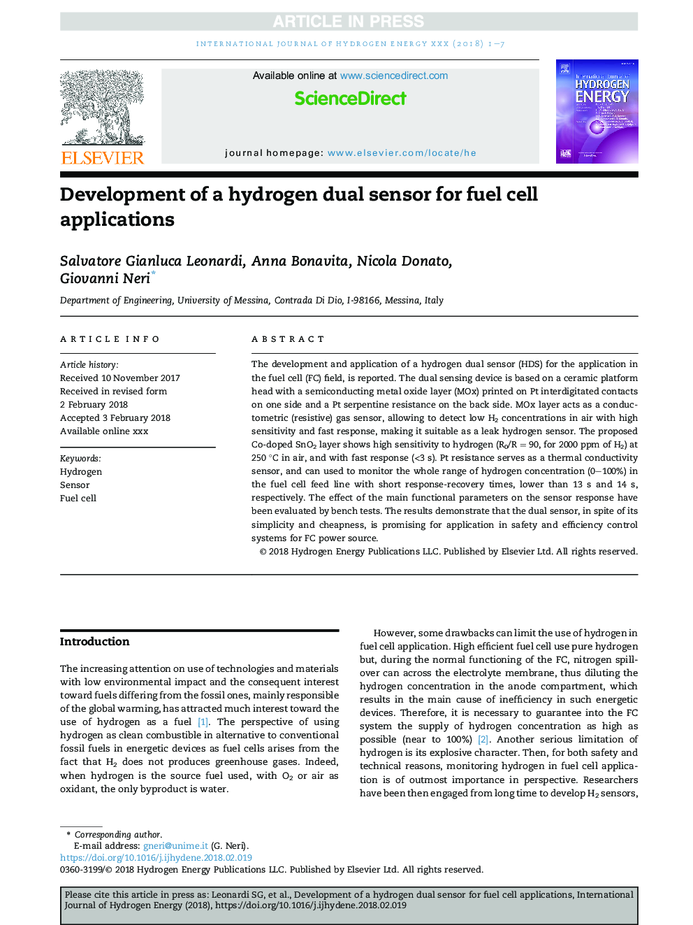 Development of a hydrogen dual sensor for fuel cell applications