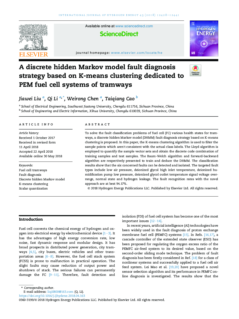 A discrete hidden Markov model fault diagnosis strategy based on K-means clustering dedicated to PEM fuel cell systems of tramways