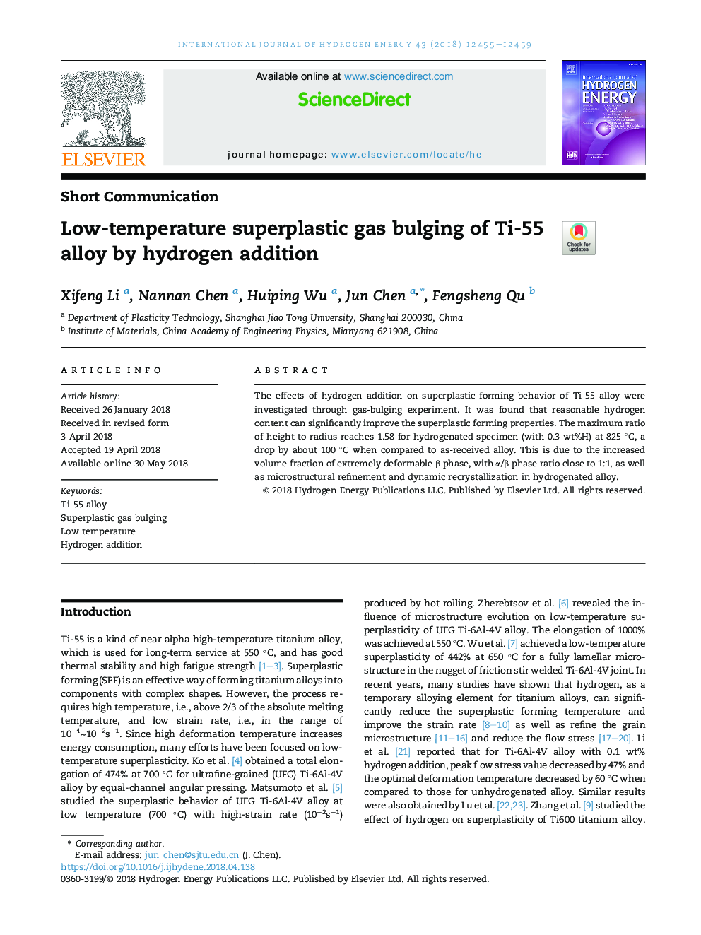 Low-temperature superplastic gas bulging of Ti-55 alloy by hydrogen addition