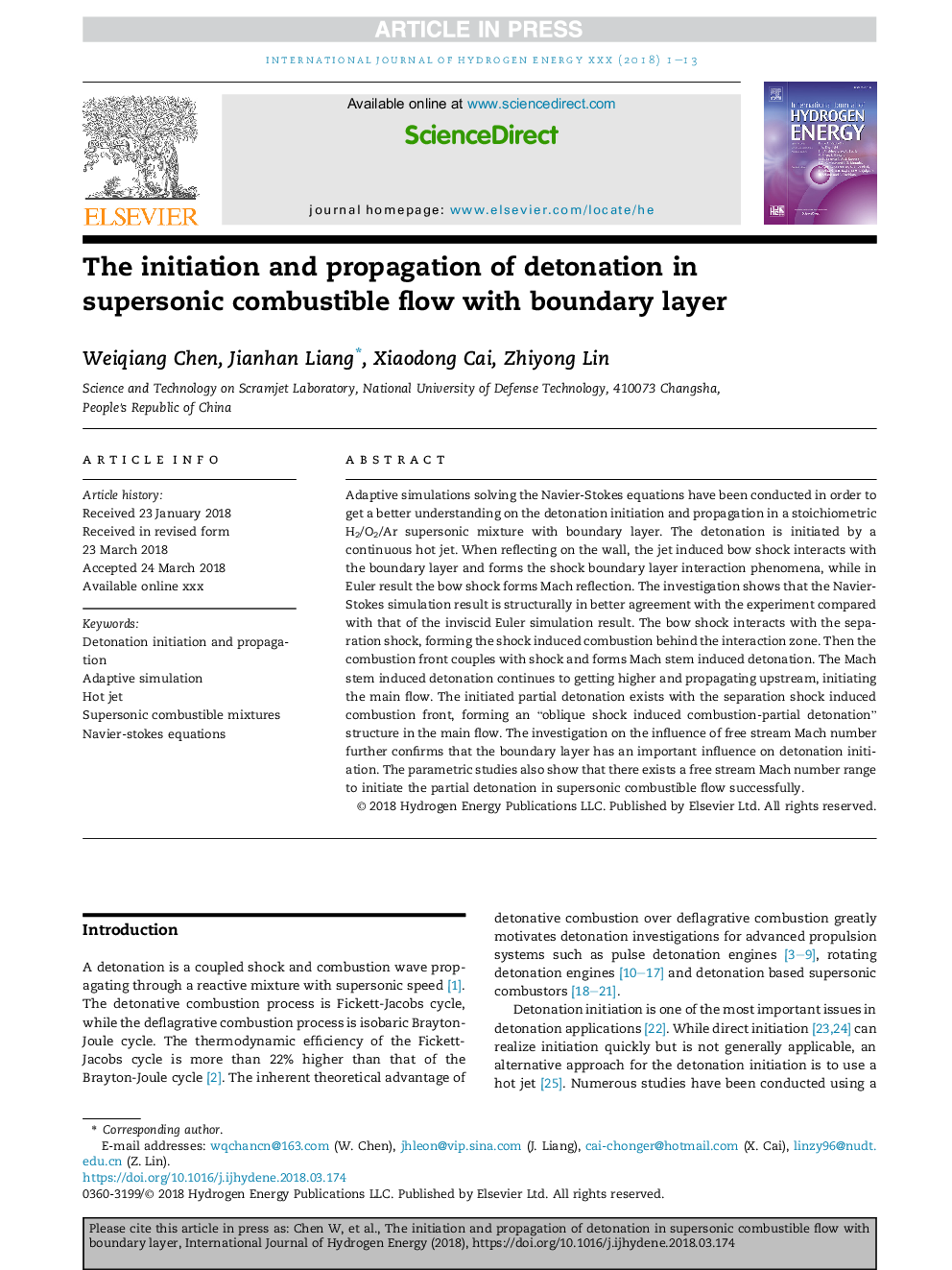 The initiation and propagation of detonation in supersonic combustible flow with boundary layer