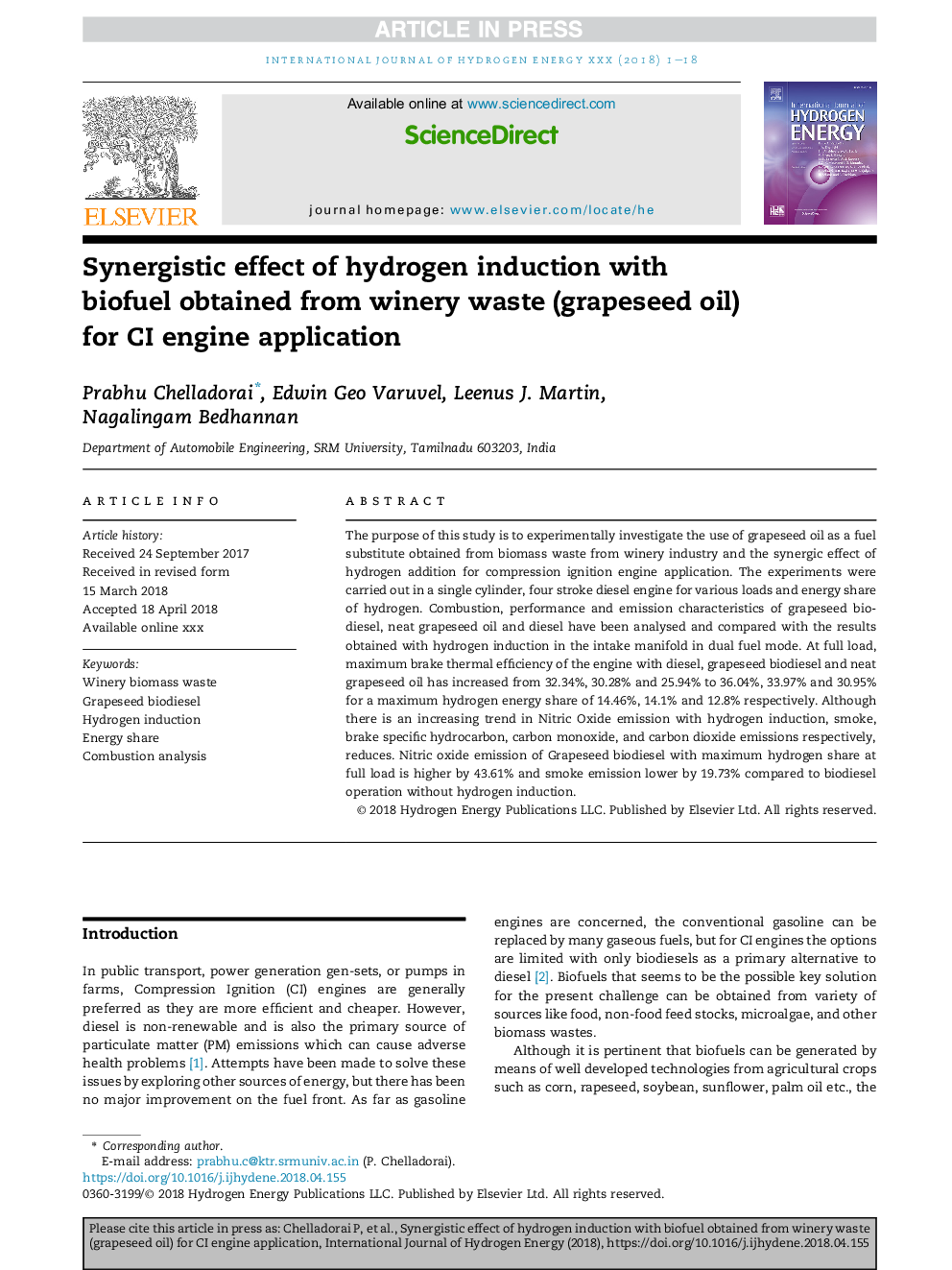 Synergistic effect of hydrogen induction with biofuel obtained from winery waste (grapeseed oil) for CI engine application