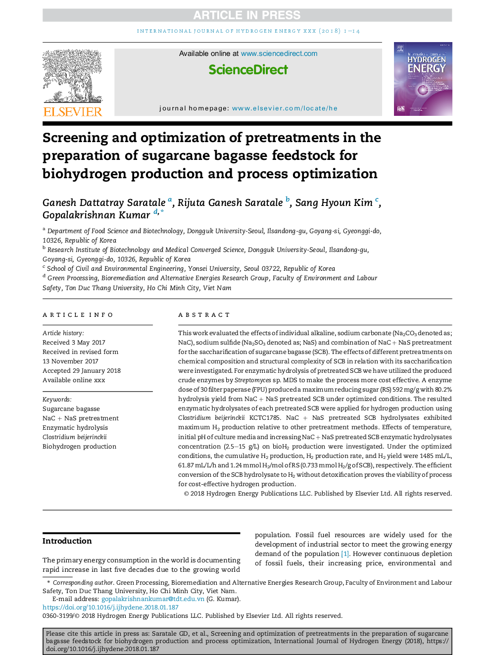 Screening and optimization of pretreatments in the preparation of sugarcane bagasse feedstock for biohydrogen production and process optimization