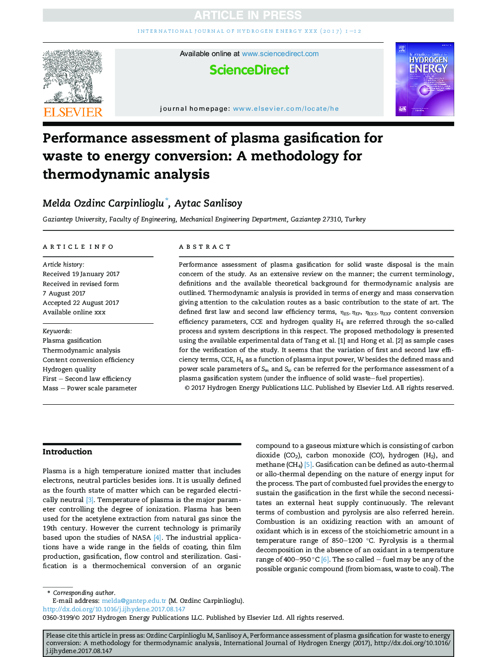 Performance assessment of plasma gasification for waste to energy conversion: A methodology for thermodynamic analysis