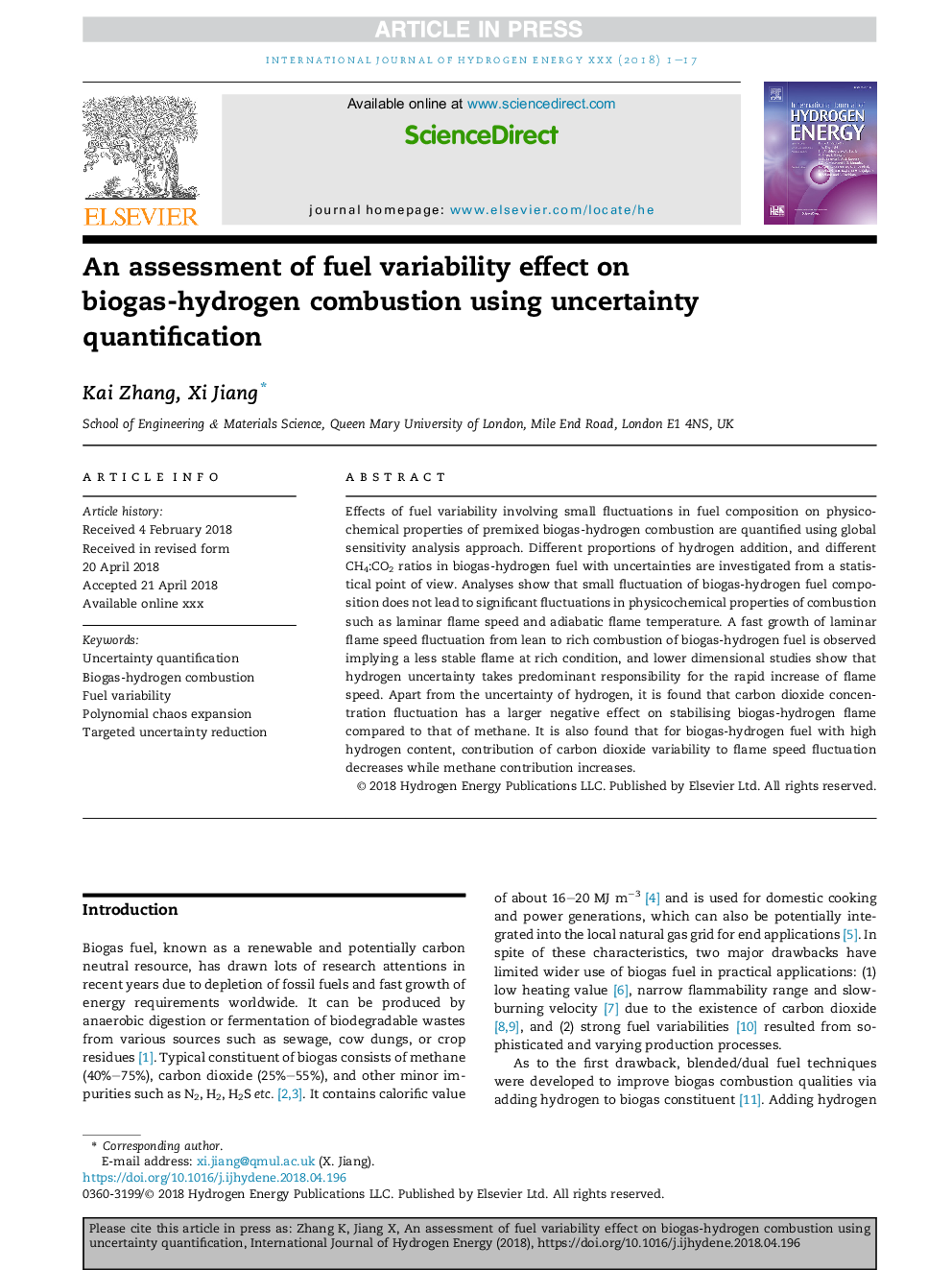 An assessment of fuel variability effect on biogas-hydrogen combustion using uncertainty quantification