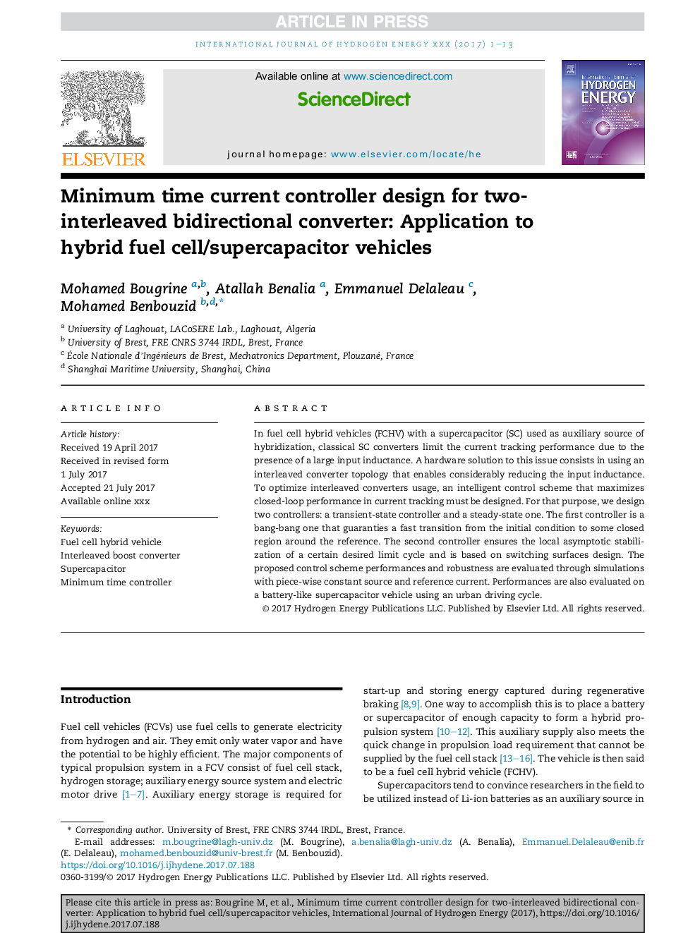 Minimum time current controller design for two-interleaved bidirectional converter: Application to hybrid fuel cell/supercapacitor vehicles