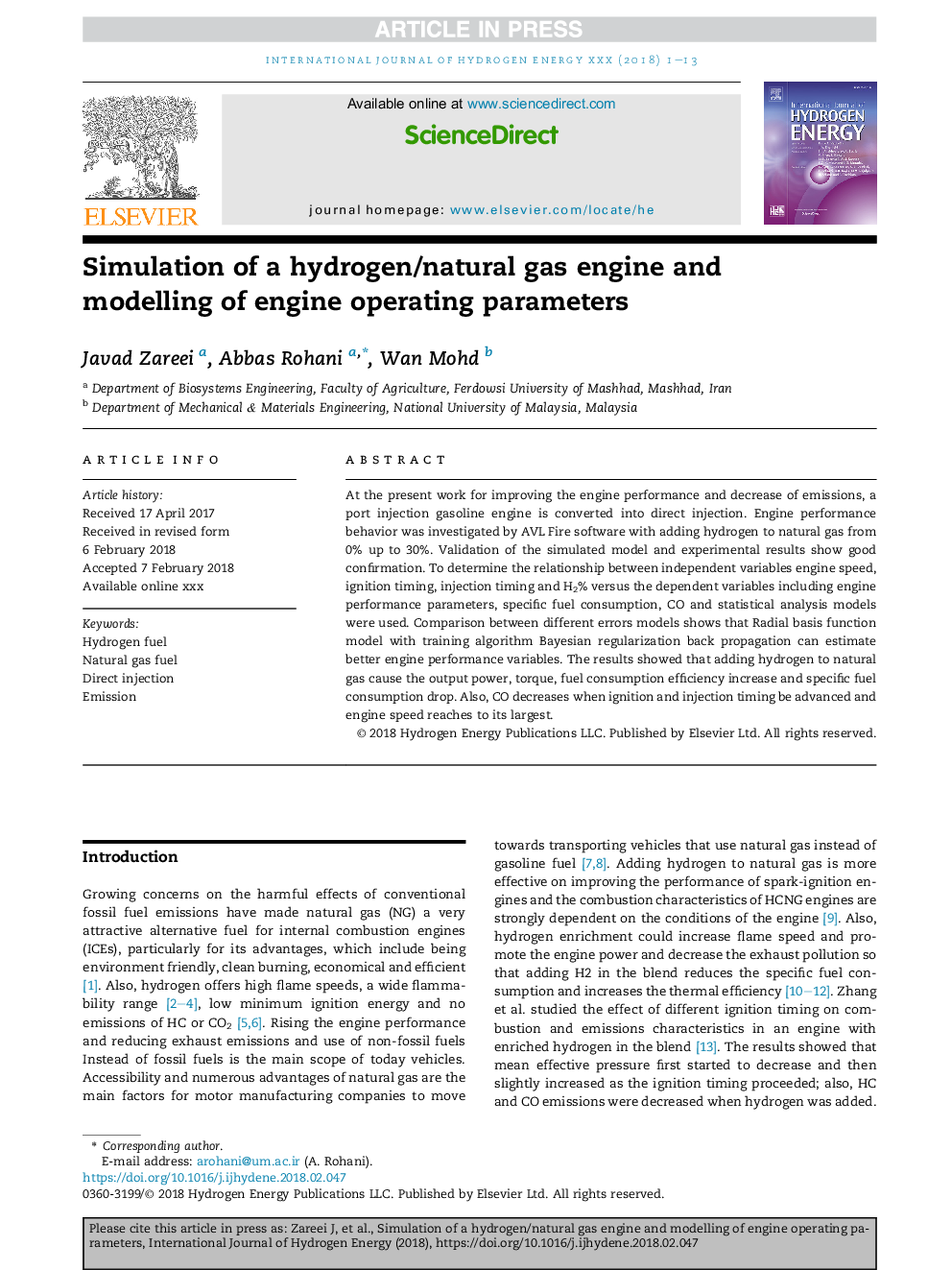 Simulation of a hydrogen/natural gas engine and modelling of engine operating parameters