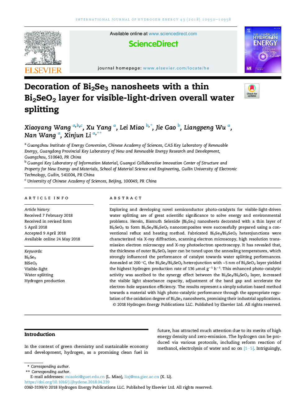 Decoration of Bi2Se3 nanosheets with a thin Bi2SeO2 layer for visible-light-driven overall water splitting