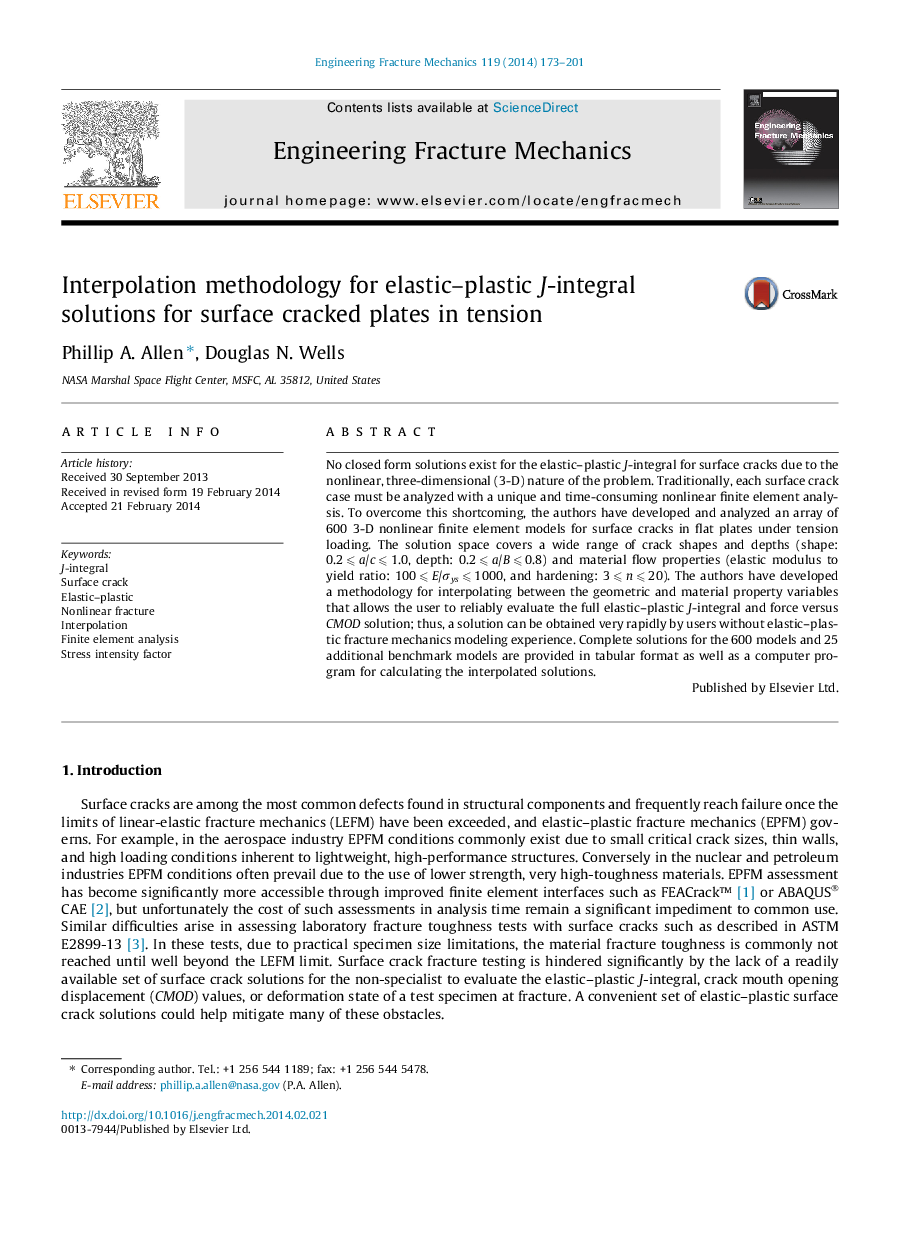 Interpolation methodology for elastic–plastic J-integral solutions for surface cracked plates in tension