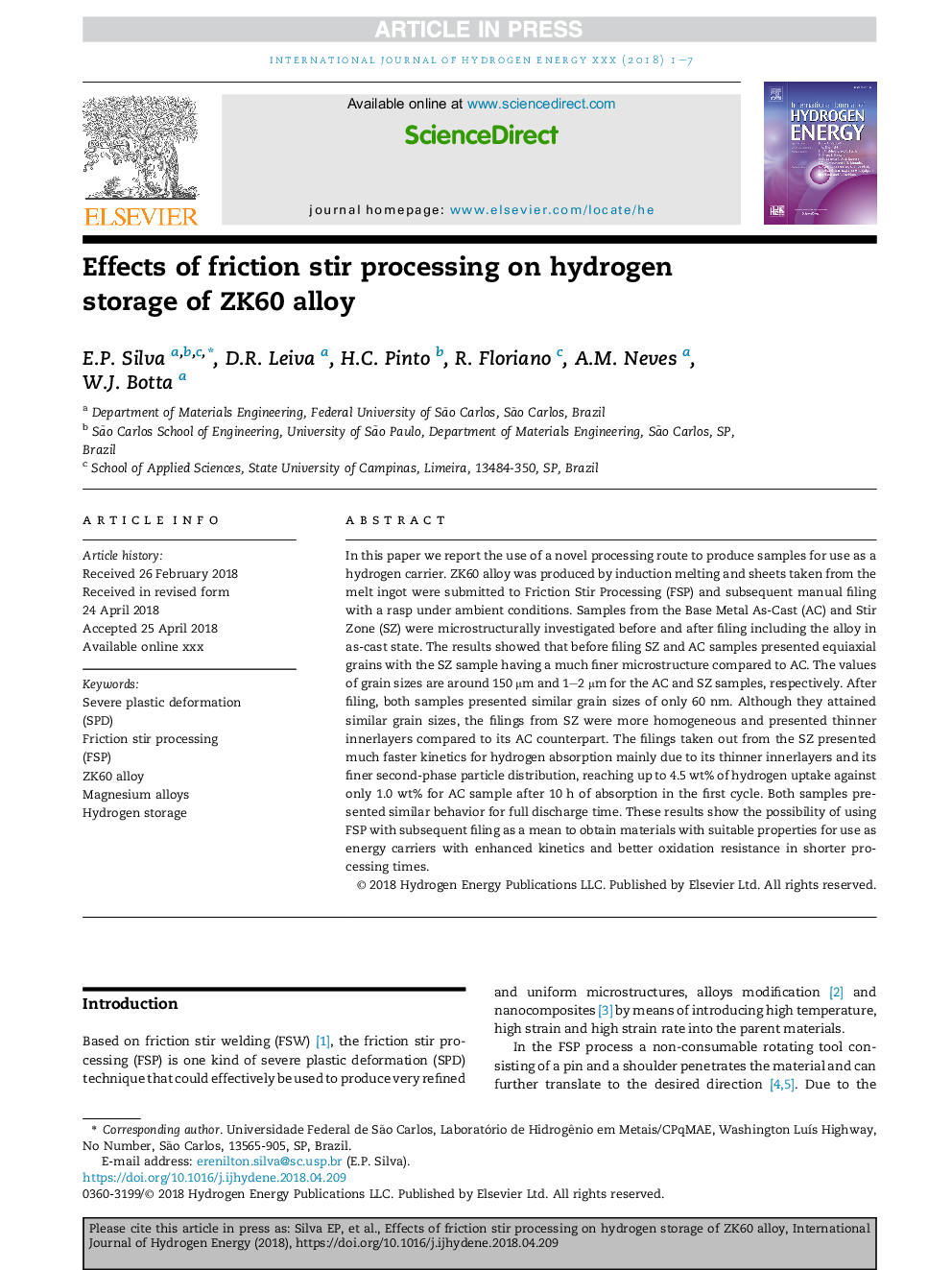 Effects of friction stir processing on hydrogen storage of ZK60 alloy