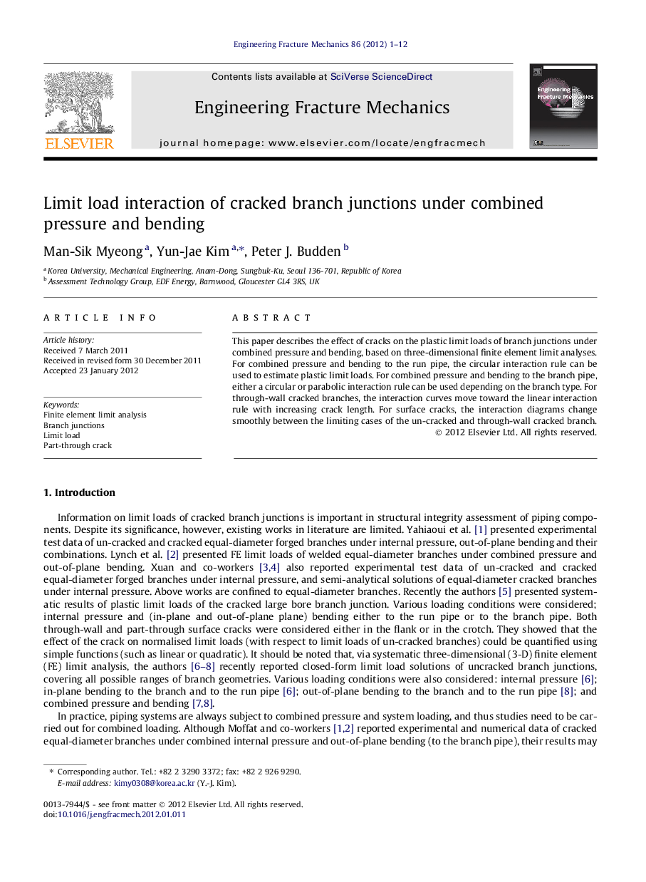 Limit load interaction of cracked branch junctions under combined pressure and bending