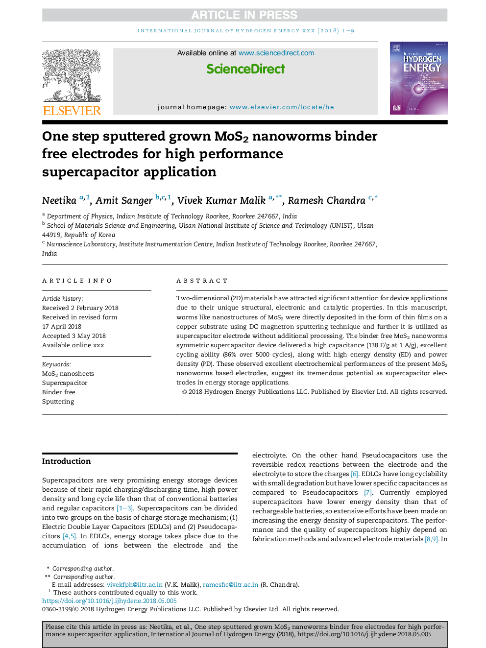 One step sputtered grown MoS2 nanoworms binder free electrodes for high performance supercapacitor application