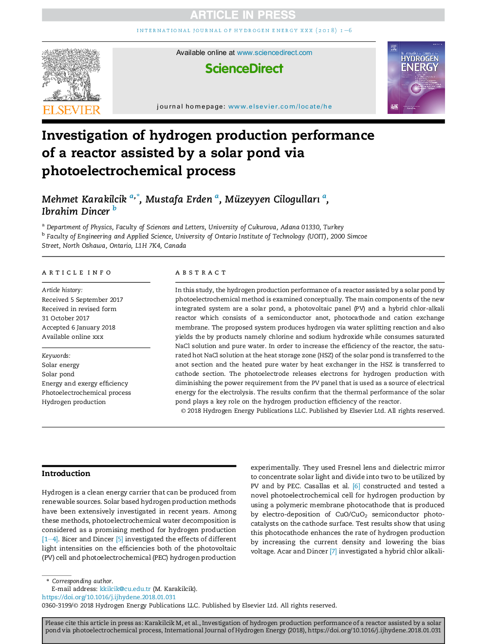 Investigation of hydrogen production performance of a reactor assisted by a solar pond via photoelectrochemical process