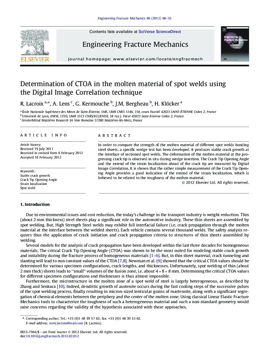 Determination of CTOA in the molten material of spot welds using the Digital Image Correlation technique