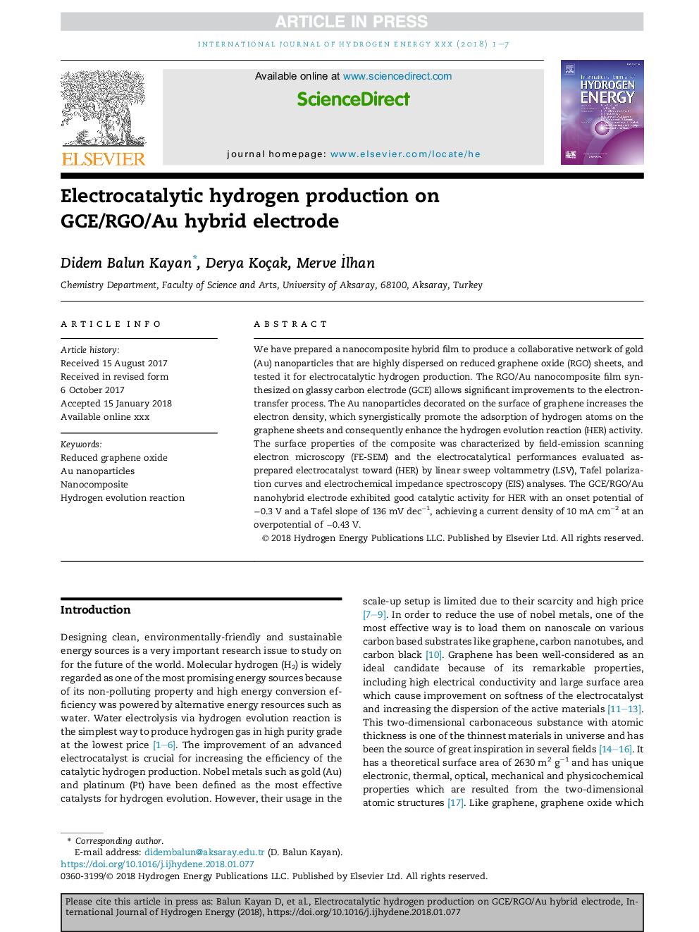 Electrocatalytic hydrogen production on GCE/RGO/Au hybrid electrode