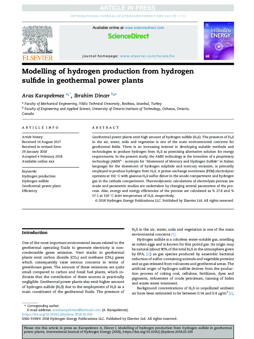 Modelling of hydrogen production from hydrogen sulfide in geothermal power plants
