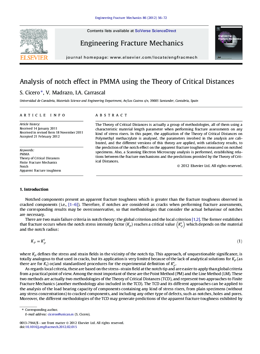 Analysis of notch effect in PMMA using the Theory of Critical Distances