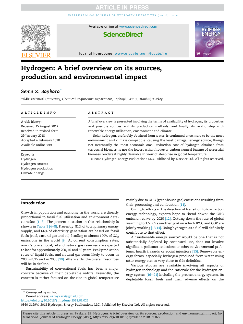 Hydrogen: A brief overview on its sources, production and environmental impact