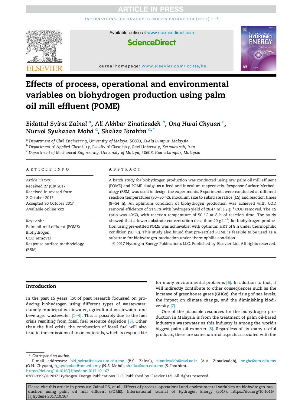 Effects of process, operational and environmental variables on biohydrogen production using palm oil mill effluent (POME)