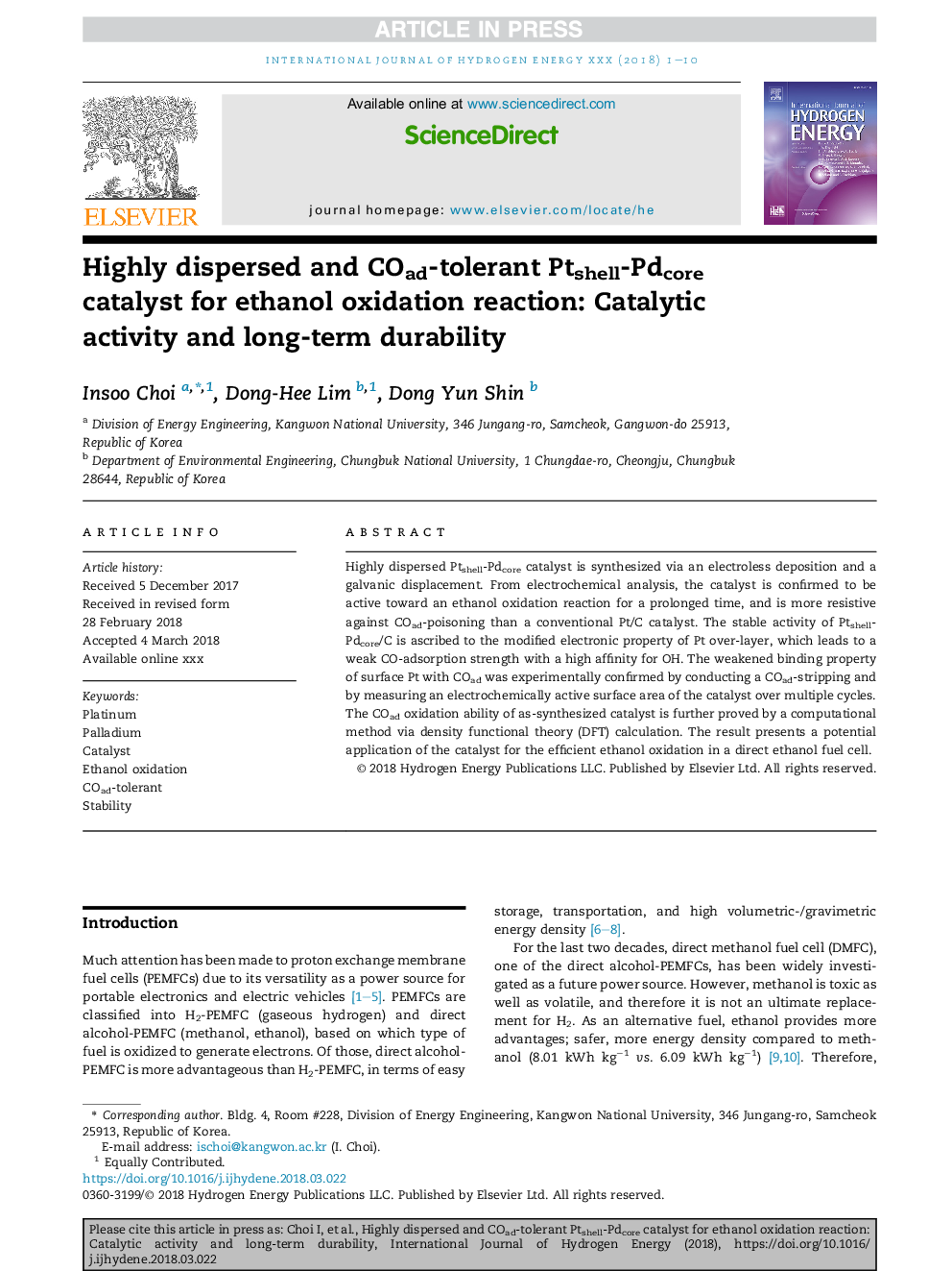 عکس صفحه اول مقاله: Highly dispersed and COad-tolerant Ptshell-Pdcore catalyst for ethanol oxidation reaction: Catalytic activity and long-term durability Highly dispersed and COad-tolerant Ptshell-Pdcore catalyst for ethanol oxidation reaction: Catalytic activity and long-term durability