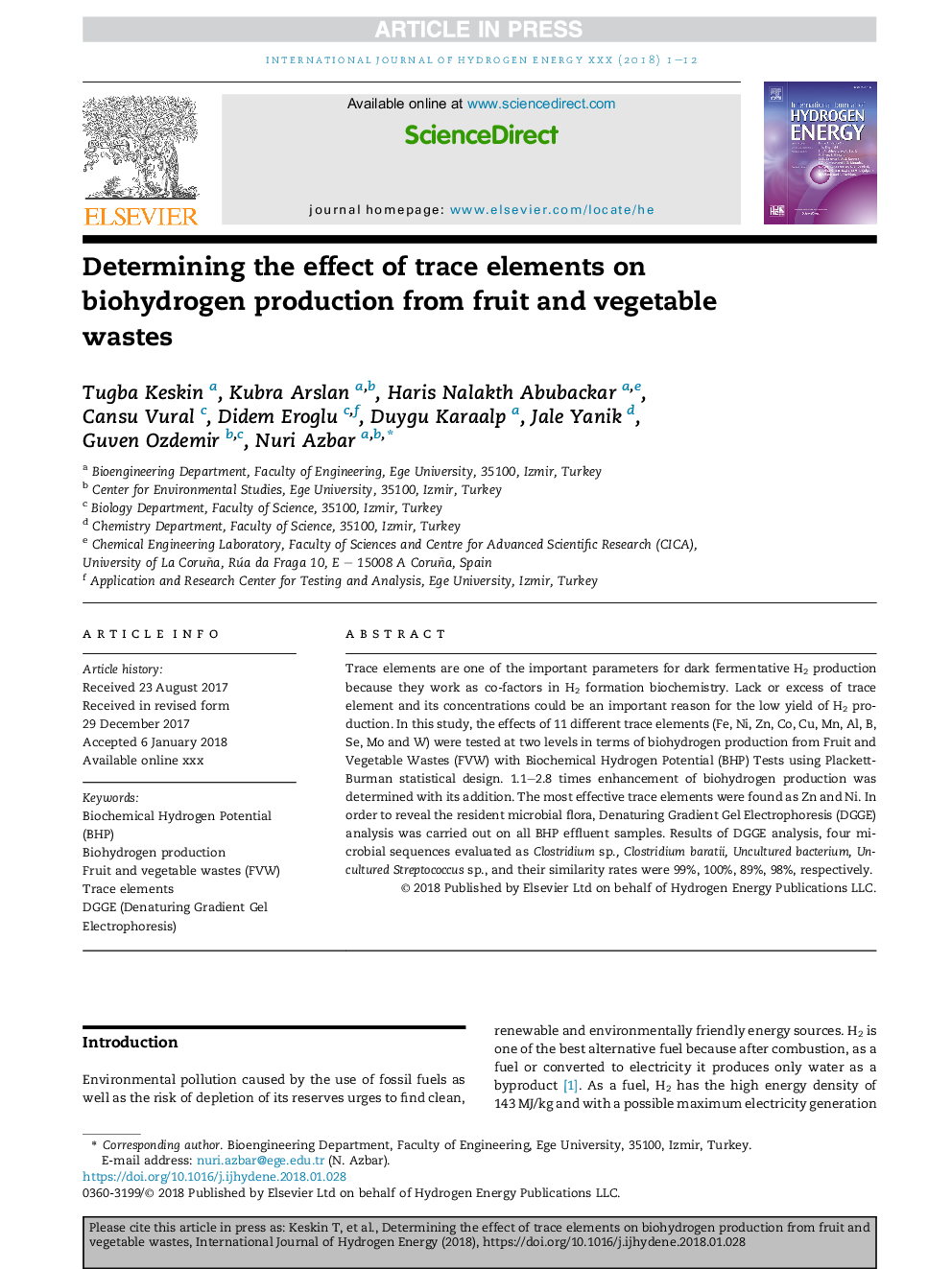 Determining the effect of trace elements on biohydrogen production from fruit and vegetable wastes