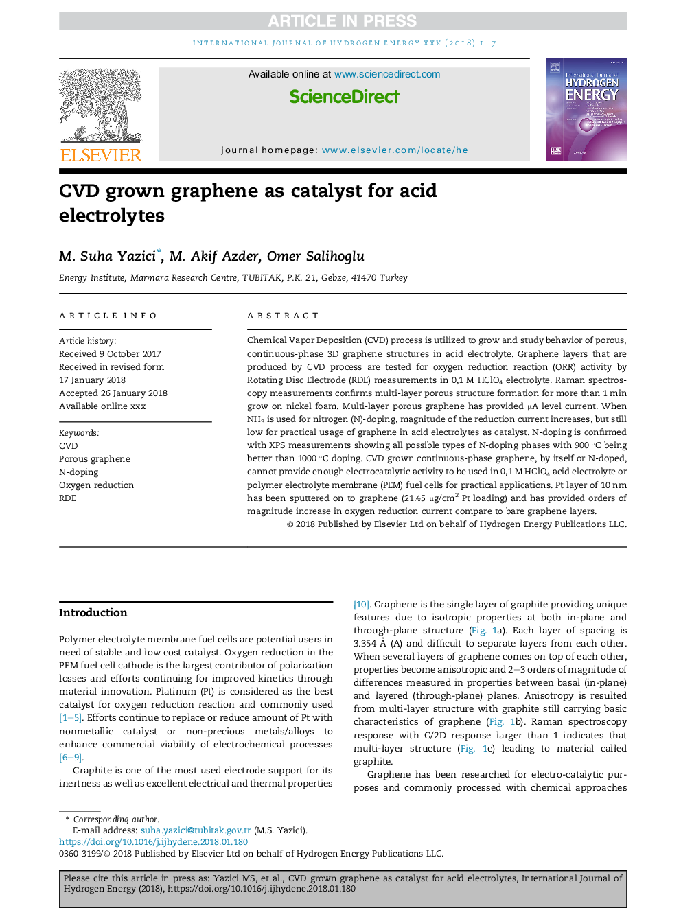 CVD grown graphene as catalyst for acid electrolytes