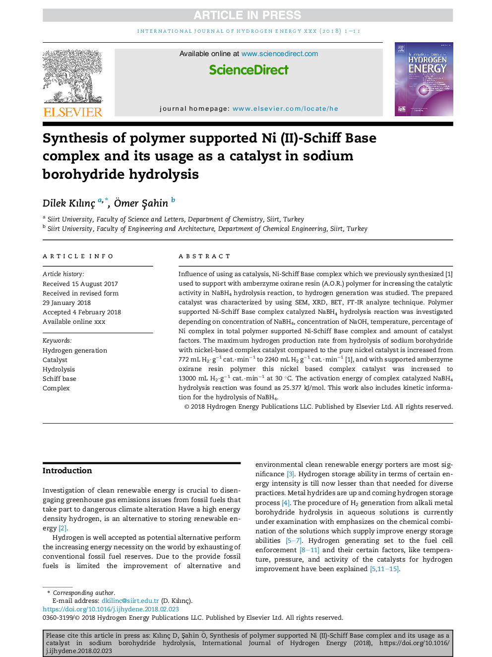 Synthesis of polymer supported Ni (II)-Schiff Base complex and its usage as a catalyst in sodium borohydride hydrolysis