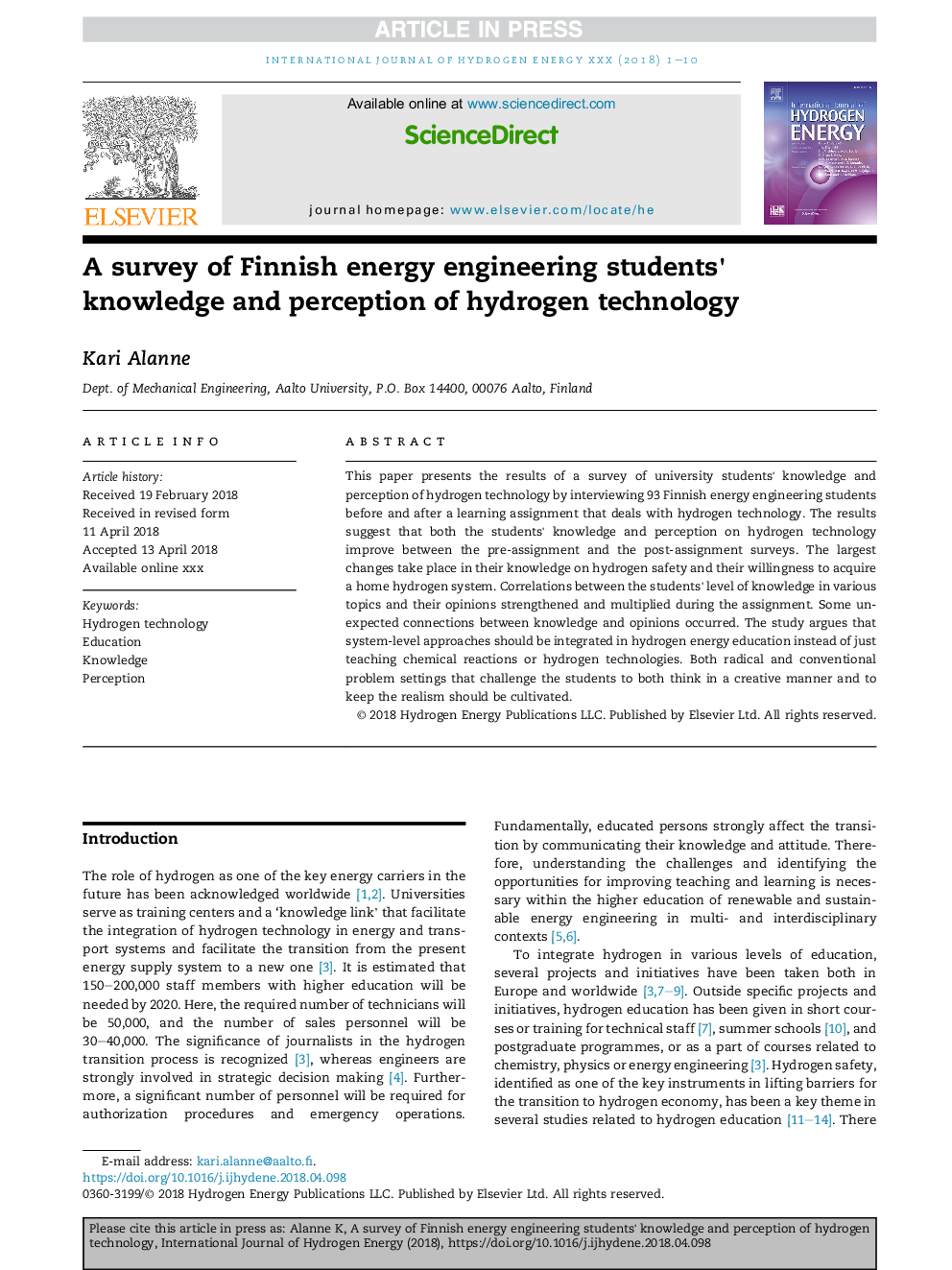 A survey of Finnish energy engineering students' knowledge and perception of hydrogen technology