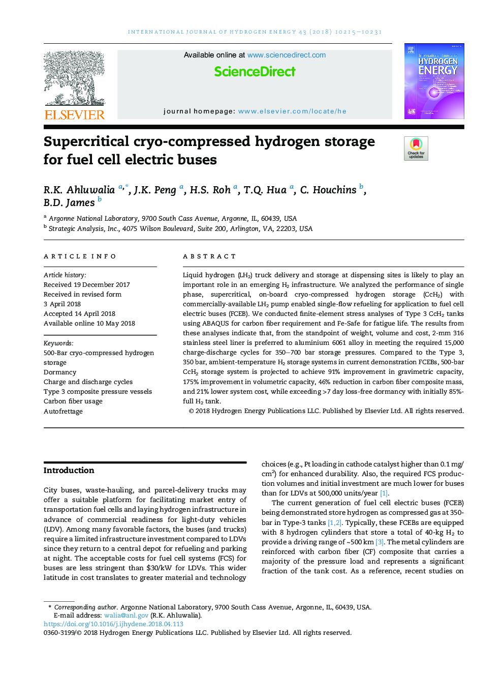 Supercritical cryo-compressed hydrogen storage for fuel cell electric buses
