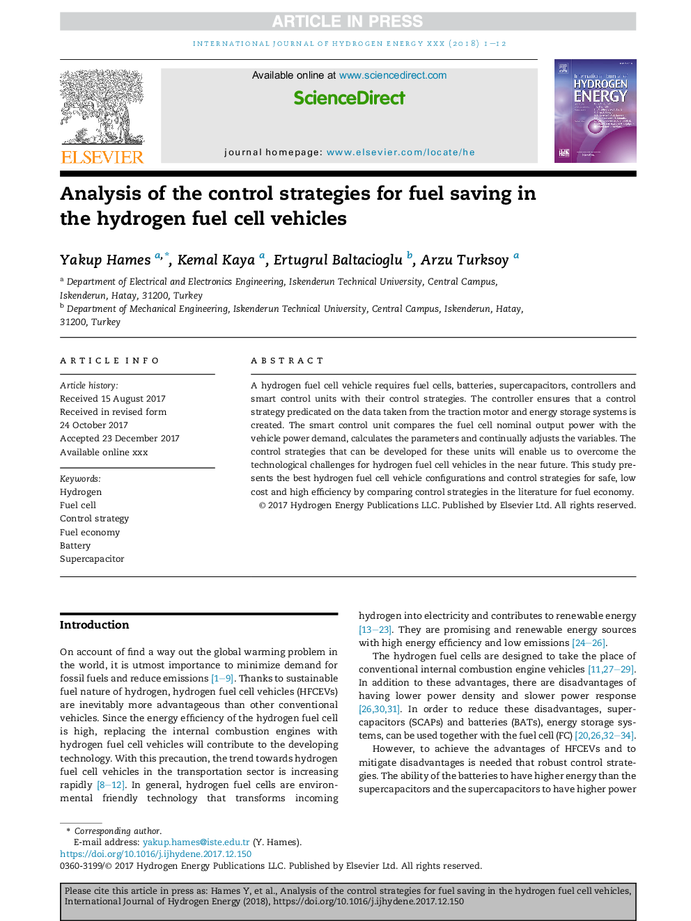 Analysis of the control strategies for fuel saving in the hydrogen fuel cell vehicles