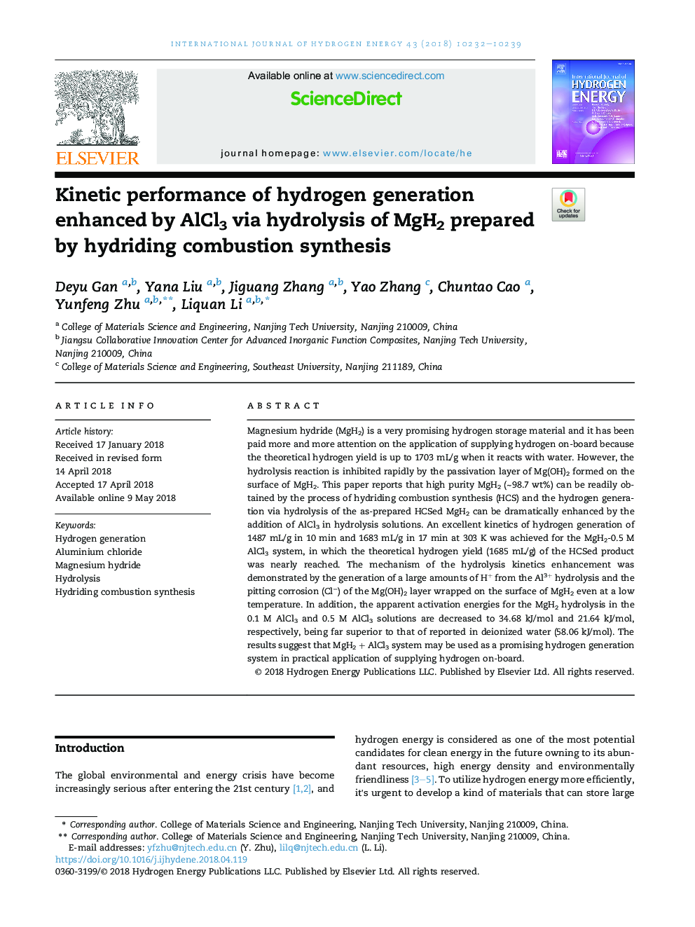 Kinetic performance of hydrogen generation enhanced by AlCl3 via hydrolysis of MgH2 prepared by hydriding combustion synthesis