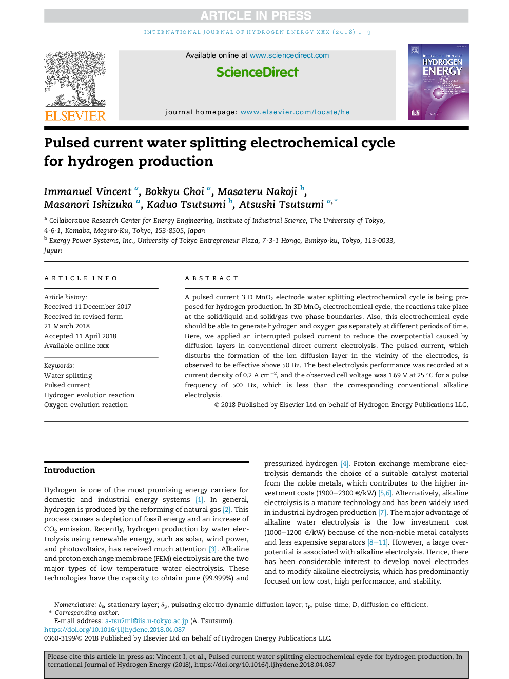 Pulsed current water splitting electrochemical cycle for hydrogen production