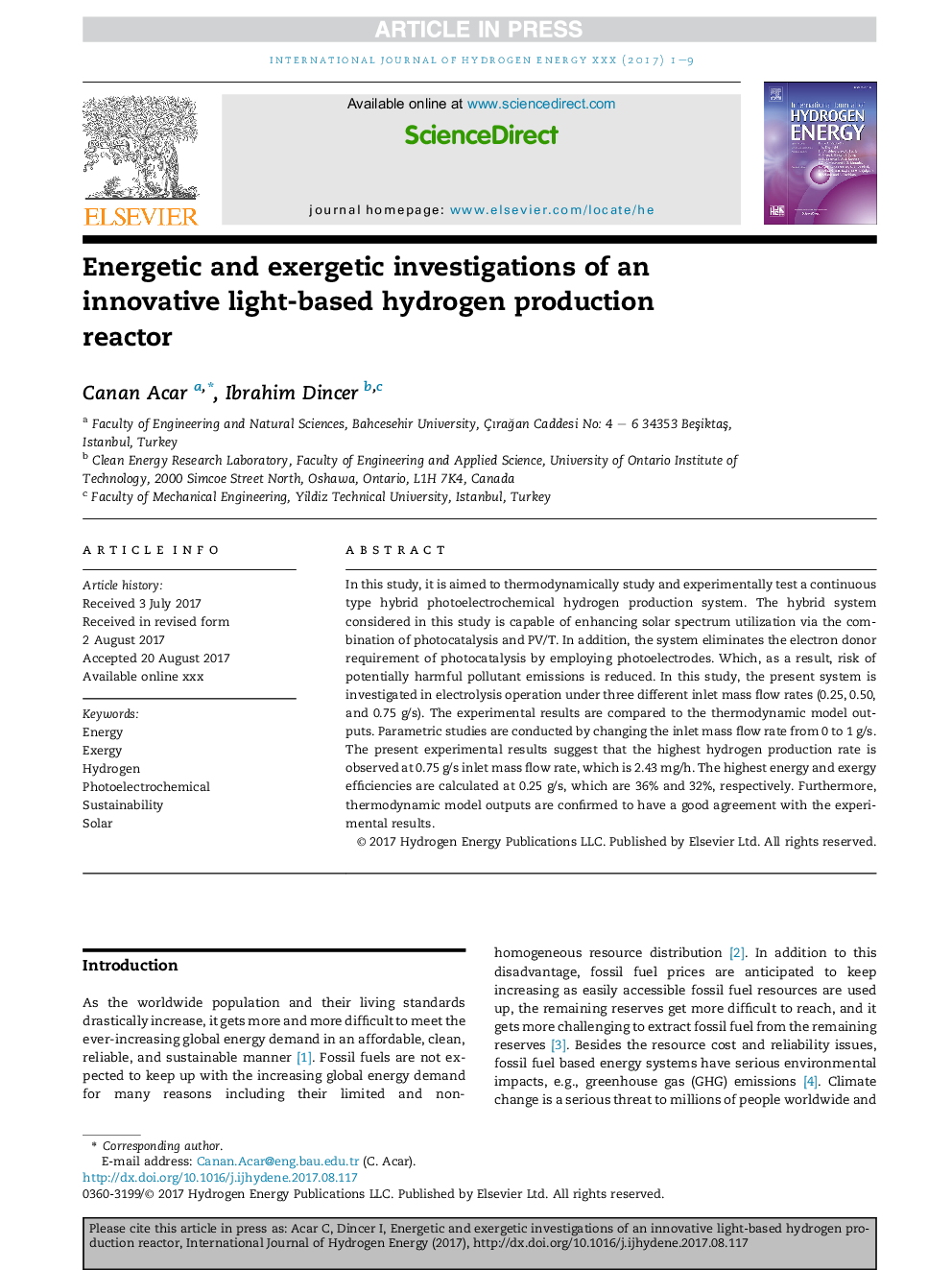 Energetic and exergetic investigations of an innovative light-based hydrogen production reactor