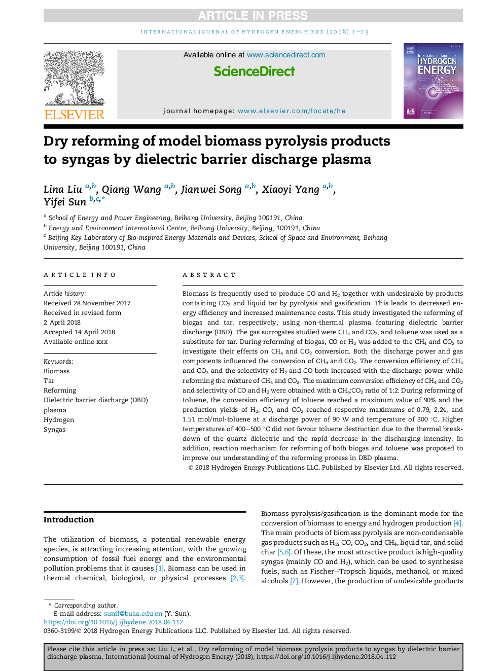 Dry reforming of model biomass pyrolysis products to syngas by dielectric barrier discharge plasma