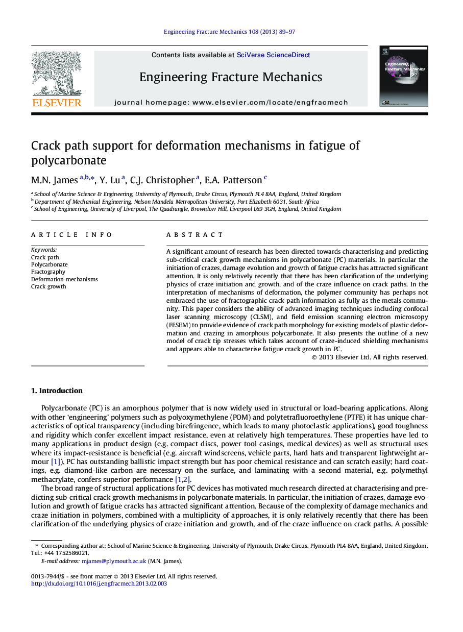 Crack path support for deformation mechanisms in fatigue of polycarbonate