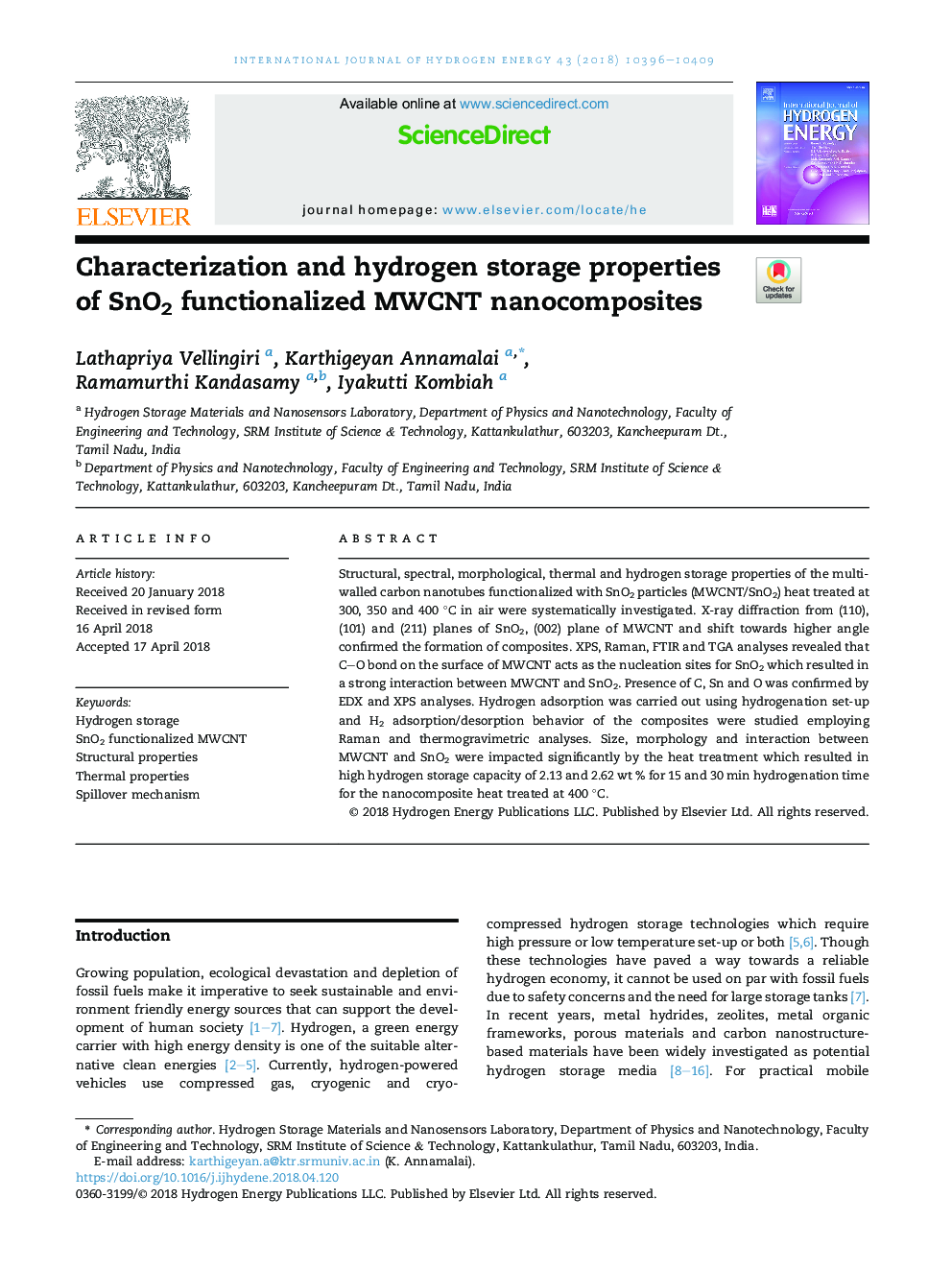 Characterization and hydrogen storage properties of SnO2 functionalized MWCNT nanocomposites