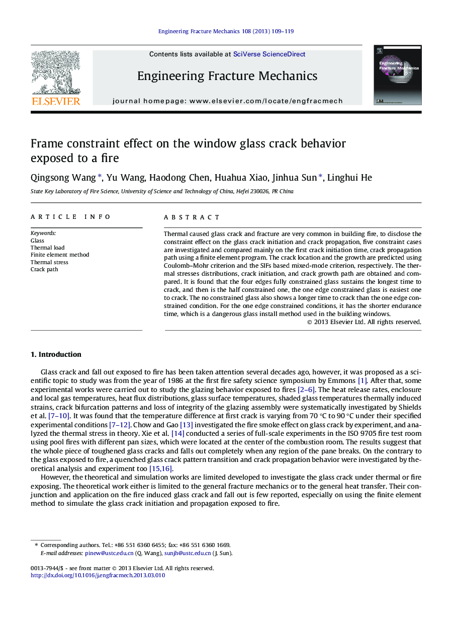 Frame constraint effect on the window glass crack behavior exposed to a fire