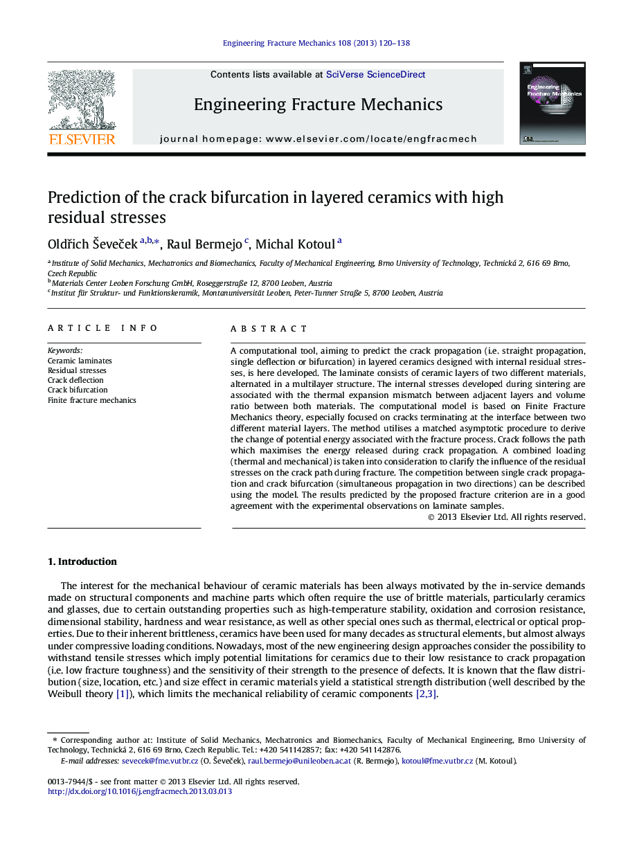 Prediction of the crack bifurcation in layered ceramics with high residual stresses