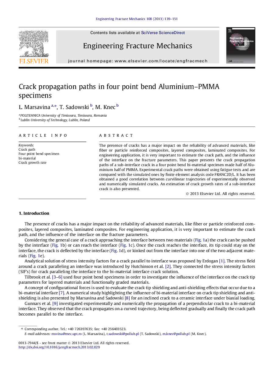 Crack propagation paths in four point bend Aluminium–PMMA specimens