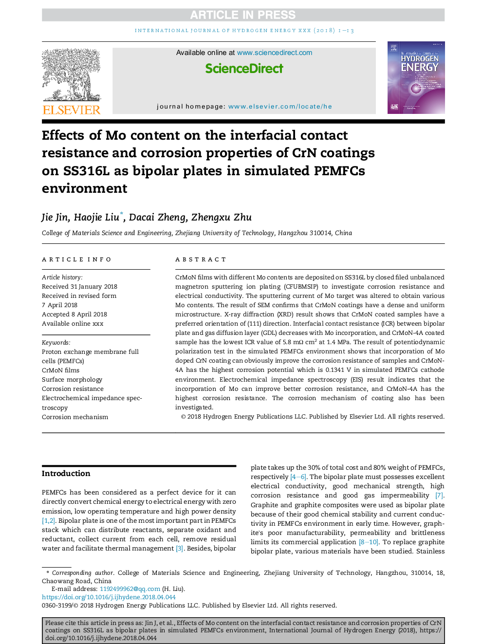 Effects of Mo content on the interfacial contact resistance and corrosion properties of CrN coatings on SS316L as bipolar plates in simulated PEMFCs environment