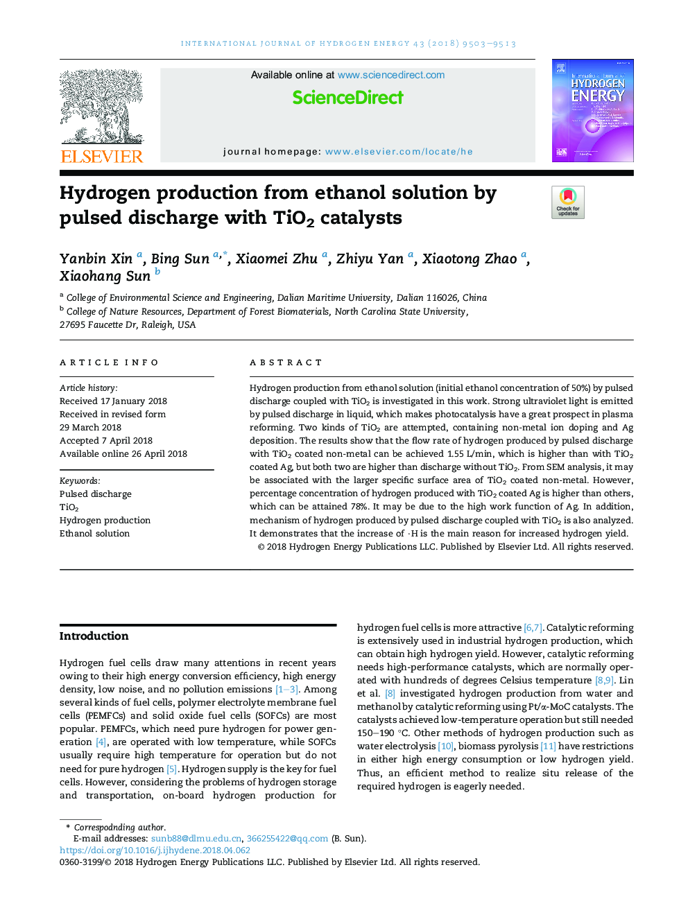 Hydrogen production from ethanol solution by pulsed discharge with TiO2 catalysts