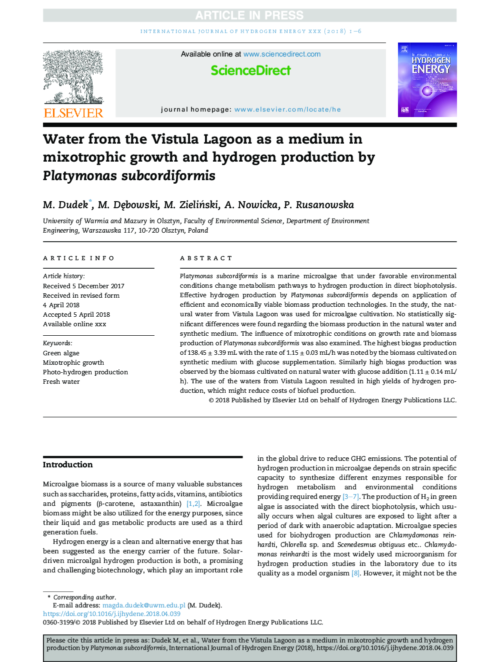 Water from the Vistula Lagoon as a medium in mixotrophic growth and hydrogen production by Platymonas subcordiformis