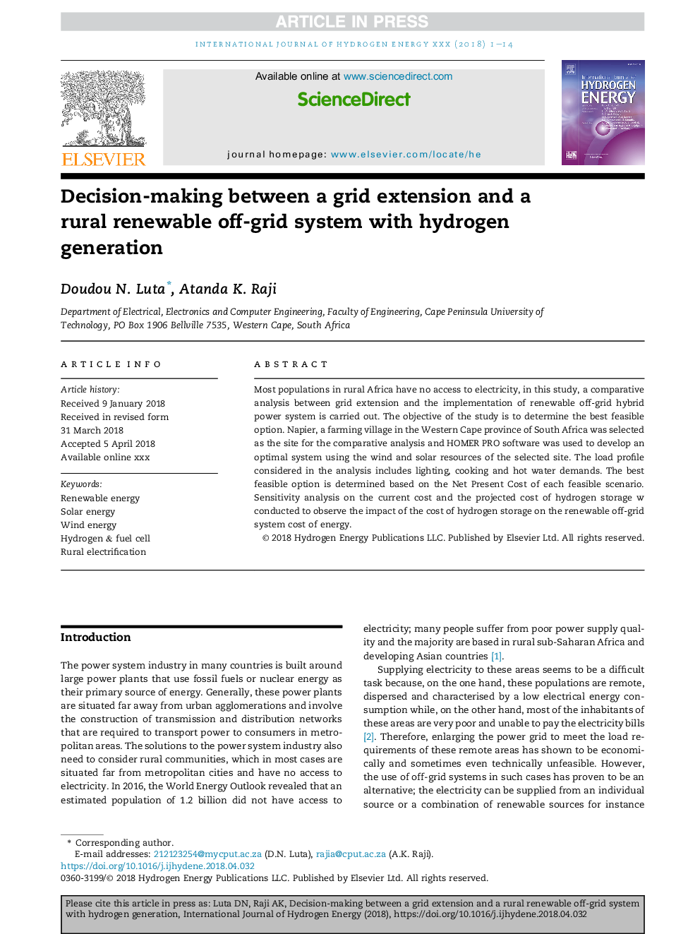 Decision-making between a grid extension and a rural renewable off-grid system with hydrogen generation