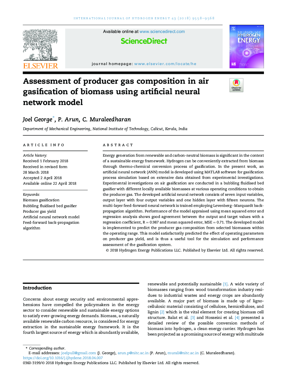 Assessment of producer gas composition in air gasification of biomass using artificial neural network model