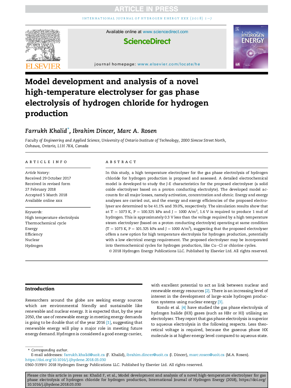 Model development and analysis of a novel high-temperature electrolyser for gas phase electrolysis of hydrogen chloride for hydrogen production