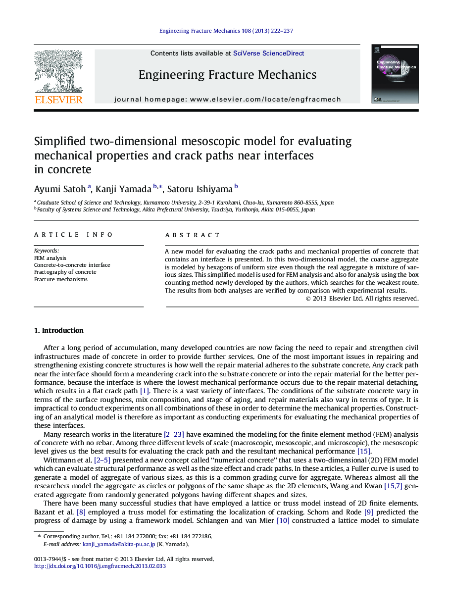 Simplified two-dimensional mesoscopic model for evaluating mechanical properties and crack paths near interfaces in concrete