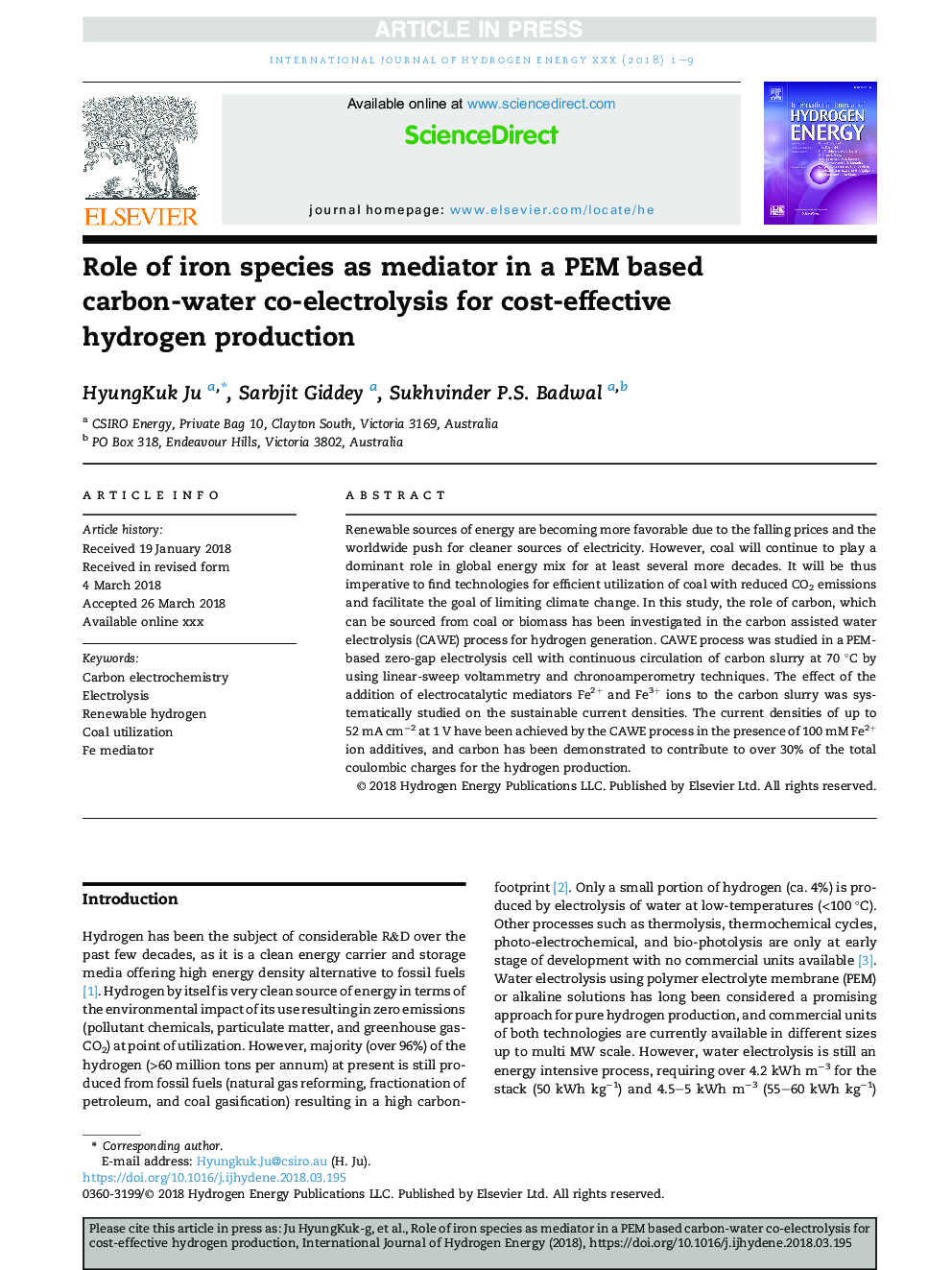 Role of iron species as mediator in a PEM based carbon-water co-electrolysis for cost-effective hydrogen production