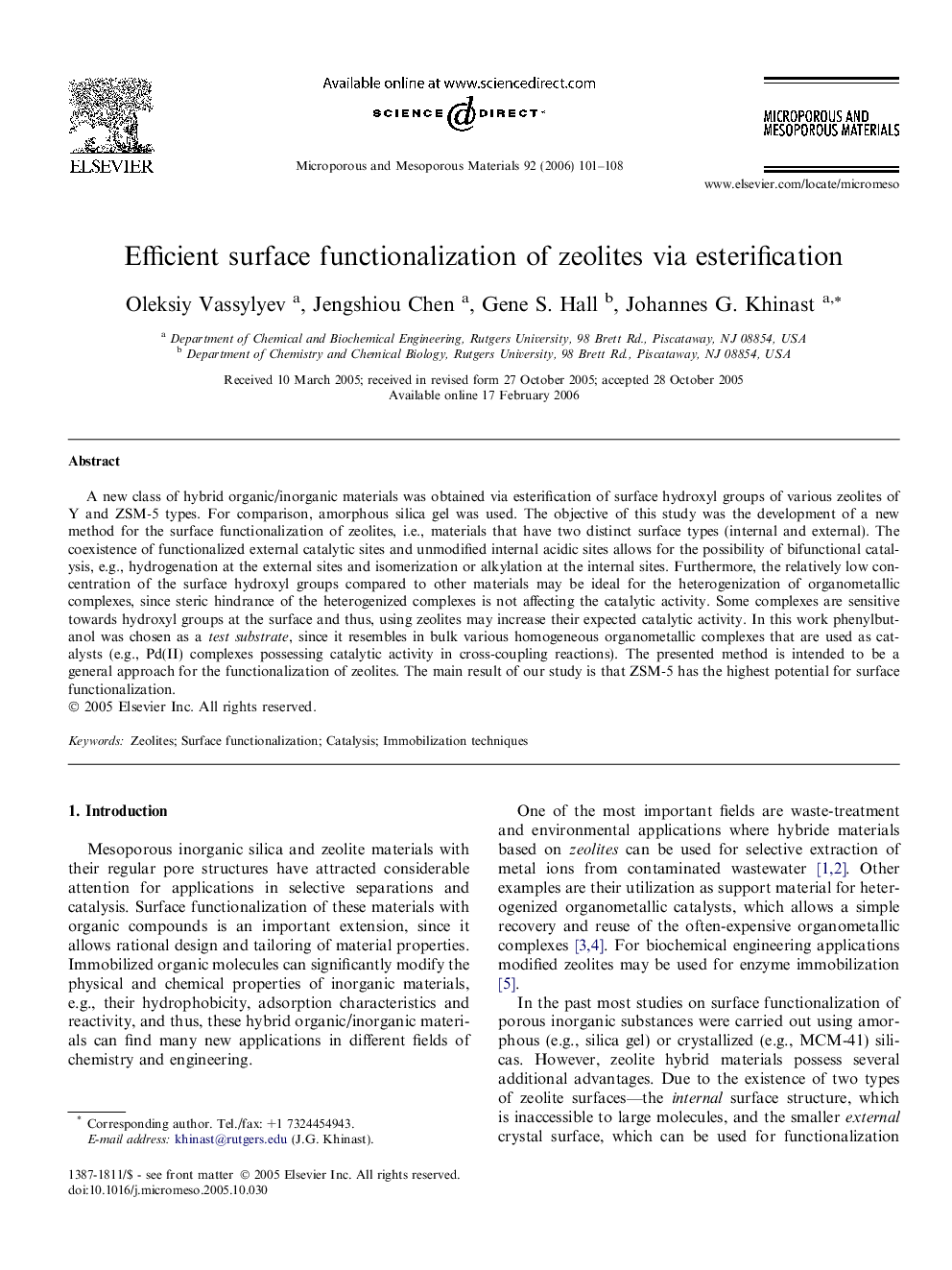 Efficient surface functionalization of zeolites via esterification