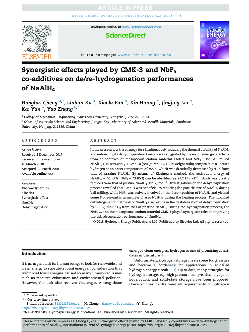 Synergistic effects played by CMK-3 and NbF5 co-additives on de/re-hydrogenation performances of NaAlH4