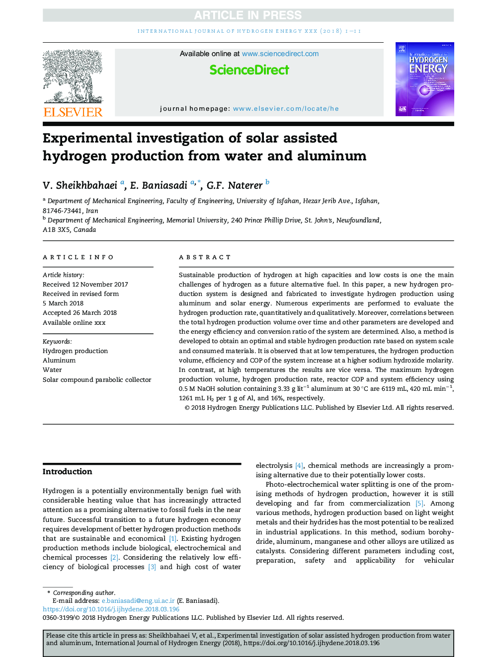 Experimental investigation of solar assisted hydrogen production from water and aluminum