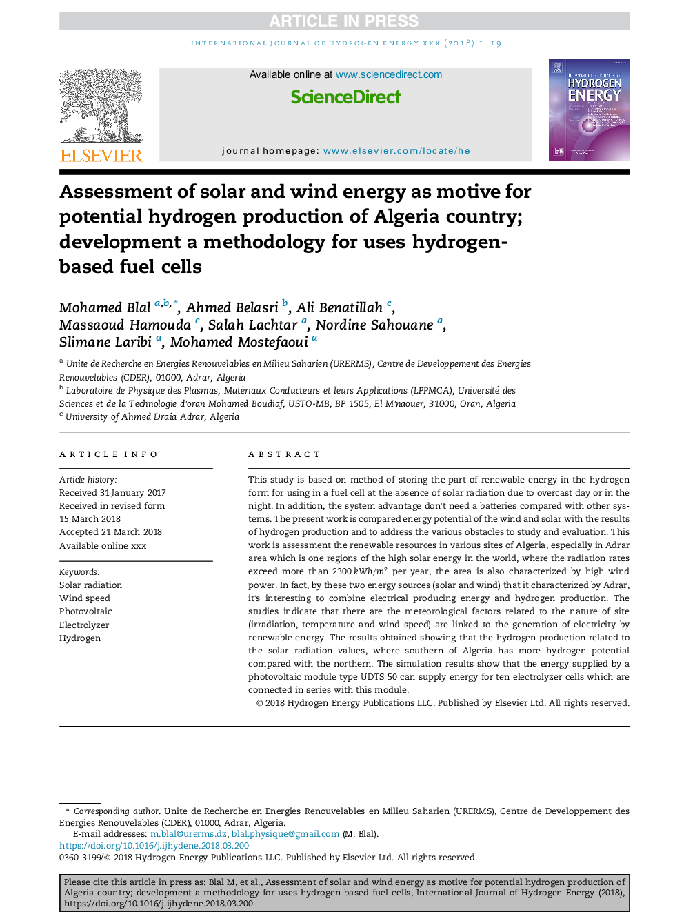 Assessment of solar and wind energy as motive for potential hydrogen production of Algeria country; development a methodology for uses hydrogen-based fuel cells